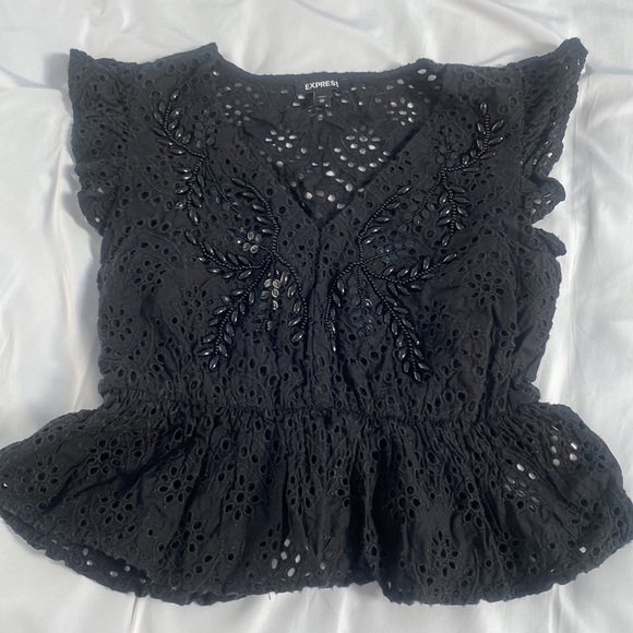 Express Embroidered Eyelet Flutter Beaded Open Short Sleeve Top - Picture 3 of 9